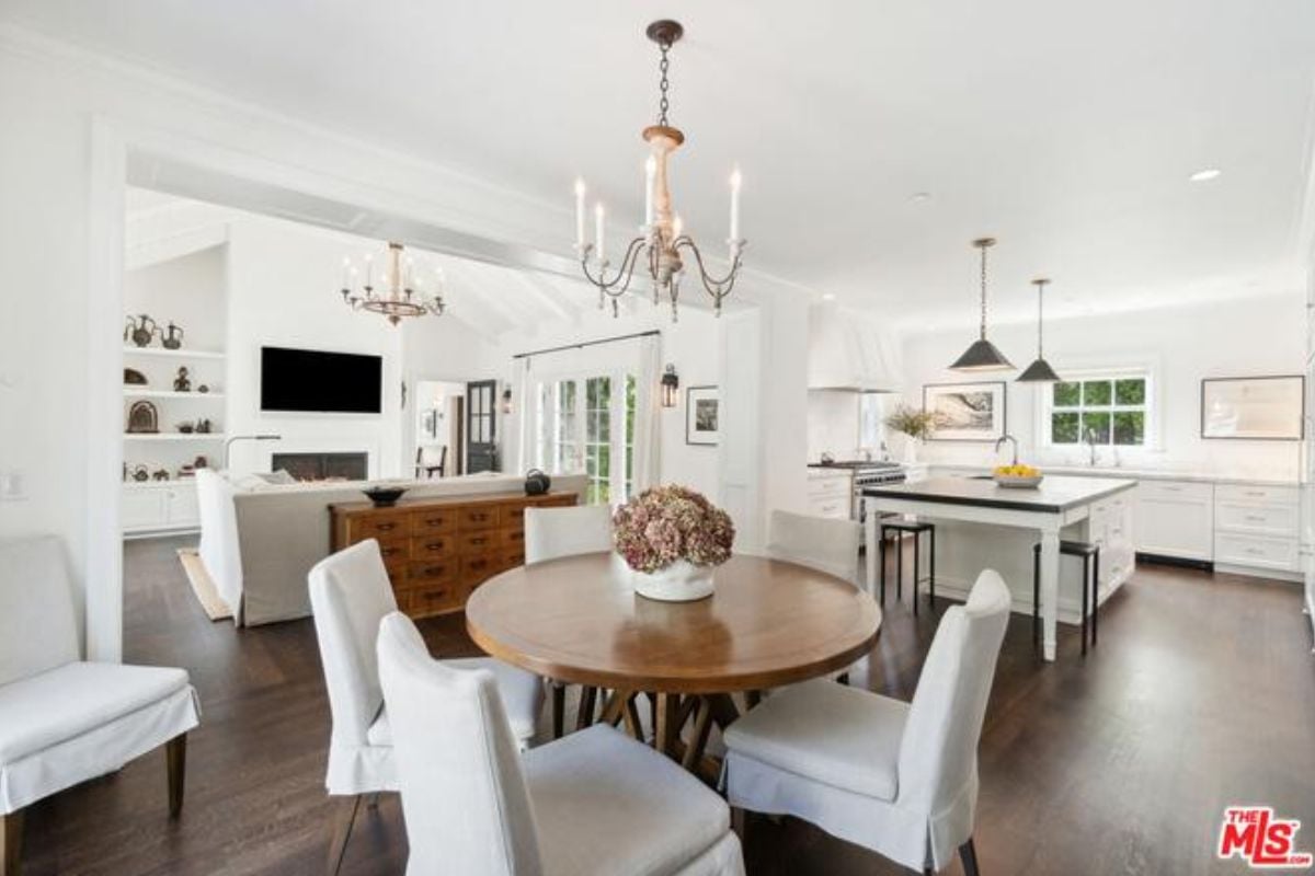 A great room complete with living space, dining area, and kitchen.
