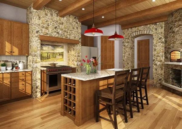Kitchen with wooden cabinets, stone accents, and a breakfast island fitted with built-in wine rack.