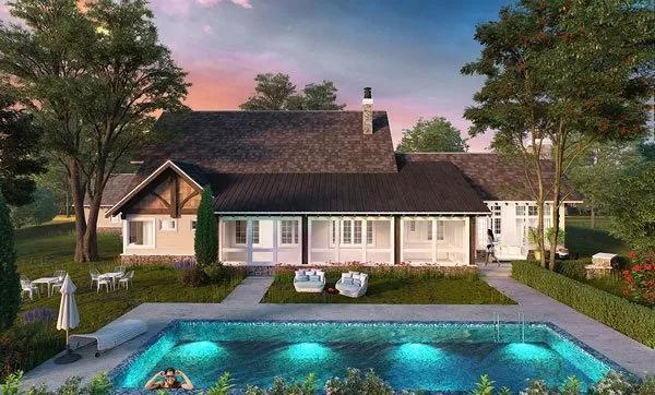 Rear view with a covered patio and a swimming pool.