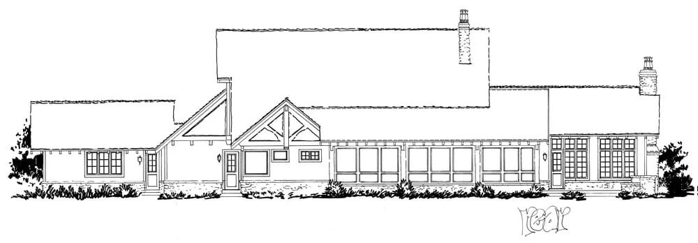Rear elevation sketch of the single-story ranch style 4-bedroom Middlebrook home.