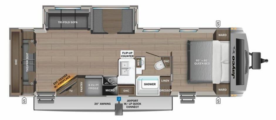 Floor plan with theater seat, tri-fold sofa, entertainment center, a kitchenette, and a bedroom.