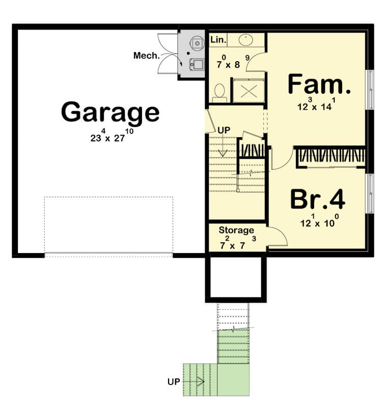 Ground level floor plan with two a family room, a bedroom, a shared bath, and a double garage.