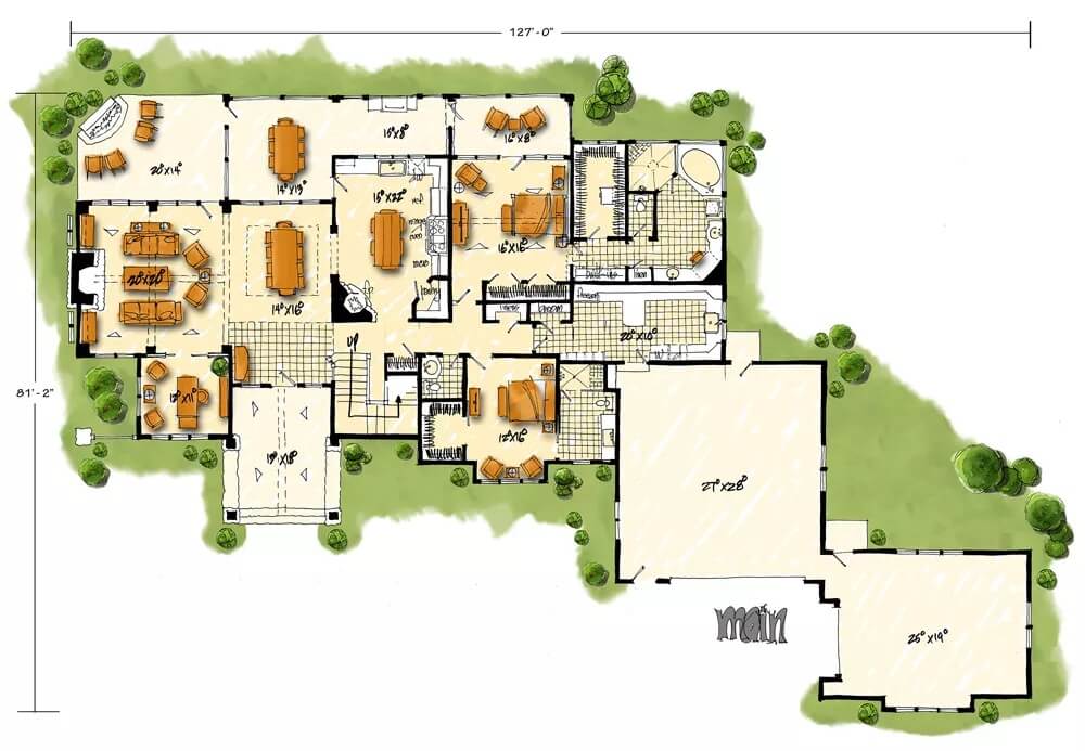 Main level floor plan of the Castle Hill 4-bedroom two-story traditional home with foyer, living room, dining area, kitchen, office, two bedrooms, and laundry leading to the garage.