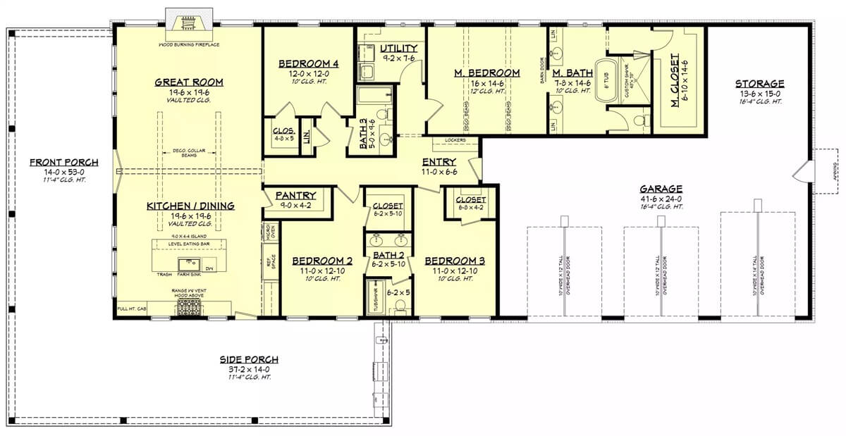 Main level floor plan of the Provost Lane 4-bedroom single-story barndominium with great room, kitchen, dining area, four bedrooms, utility, and 3-car garage with storage space.