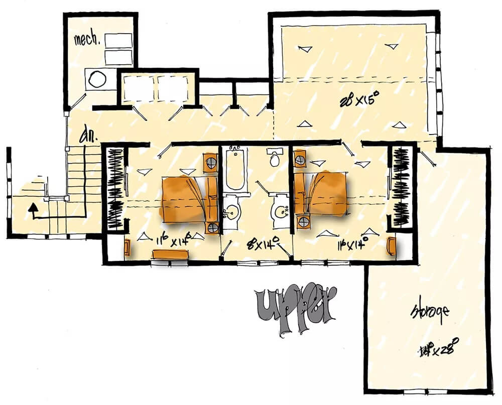 Second level floor plan with two bedrooms, a Jack and Jill bath, a loft, and a storage room.
