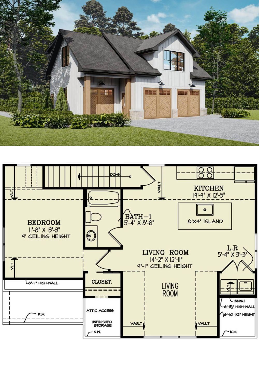 Board and batten siding, stone accents, and large gable dormers embellish this 1-bedroom carriage home.