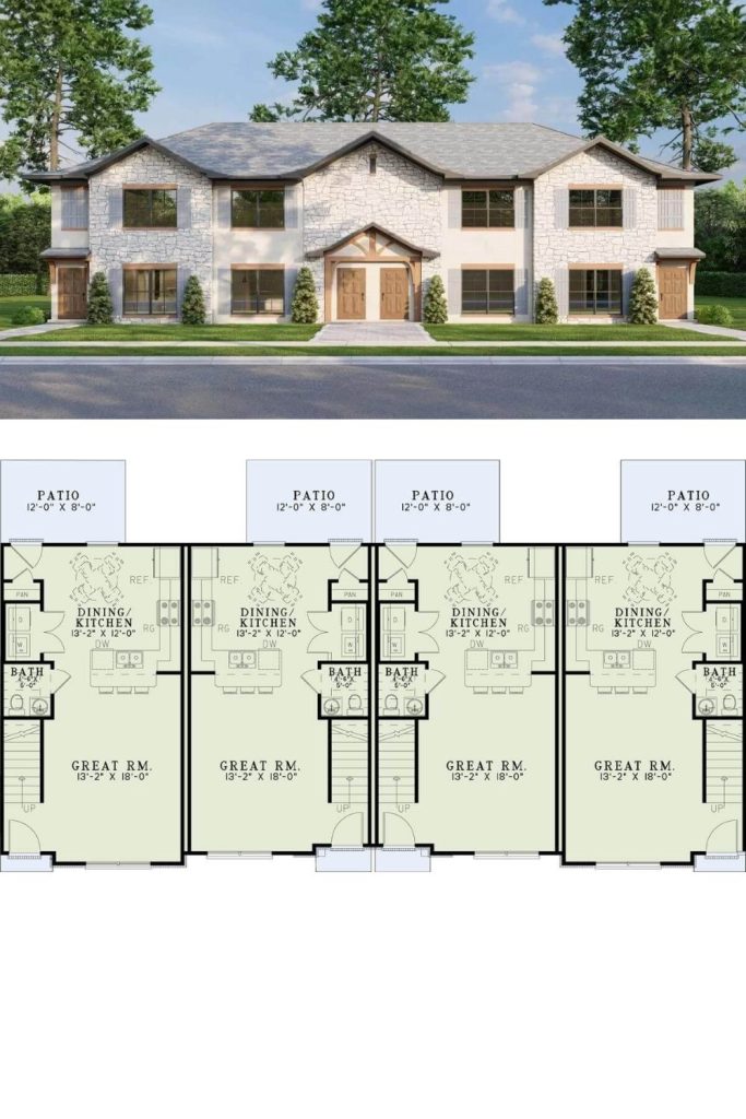 Two-Story Traditional Style 4-Unit Multiplex Home with Open Concept ...