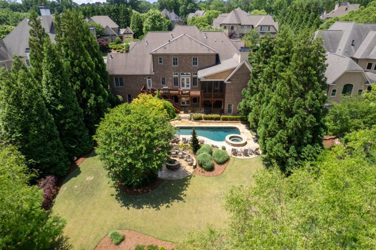 An aerial view of the backyard.