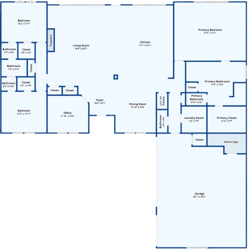 A floor plan featuring bedrooms, bathrooms, closets, a living room, kitchen, laundry room, dining room, office, and foyer.