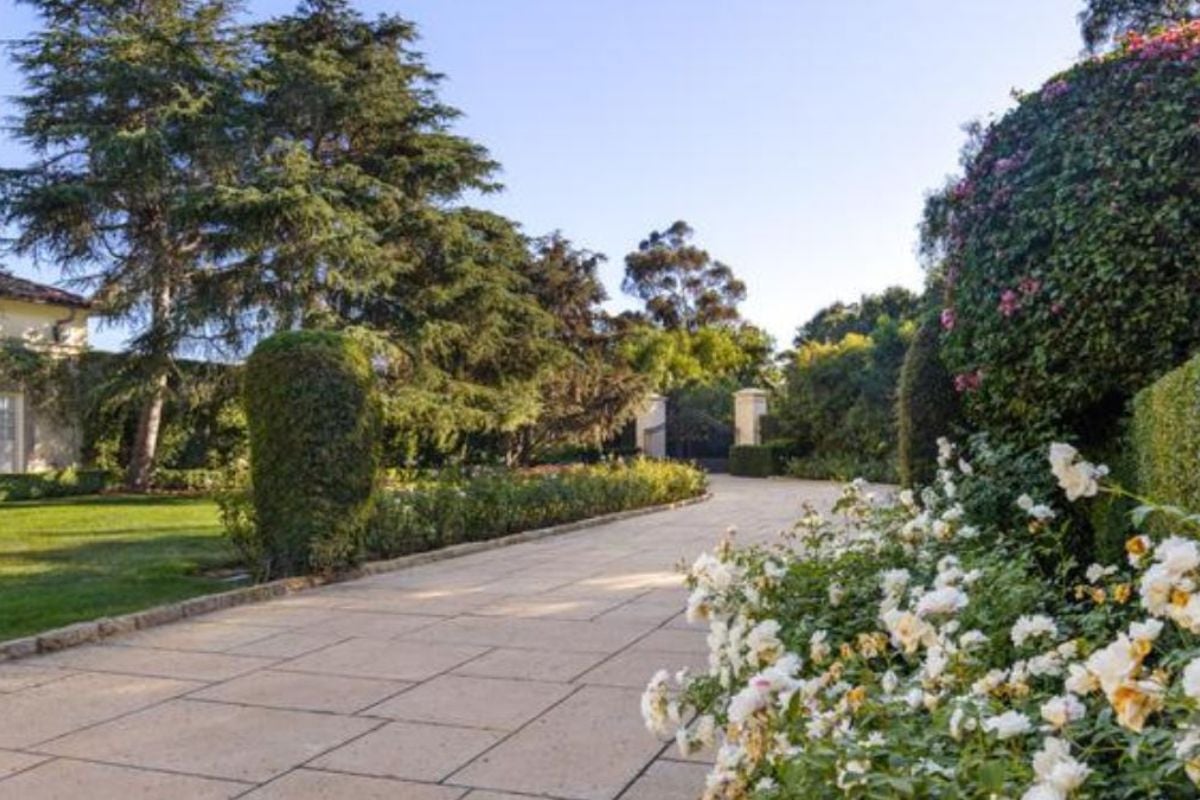 A driveway surrounded by plants, flowers, and trees.