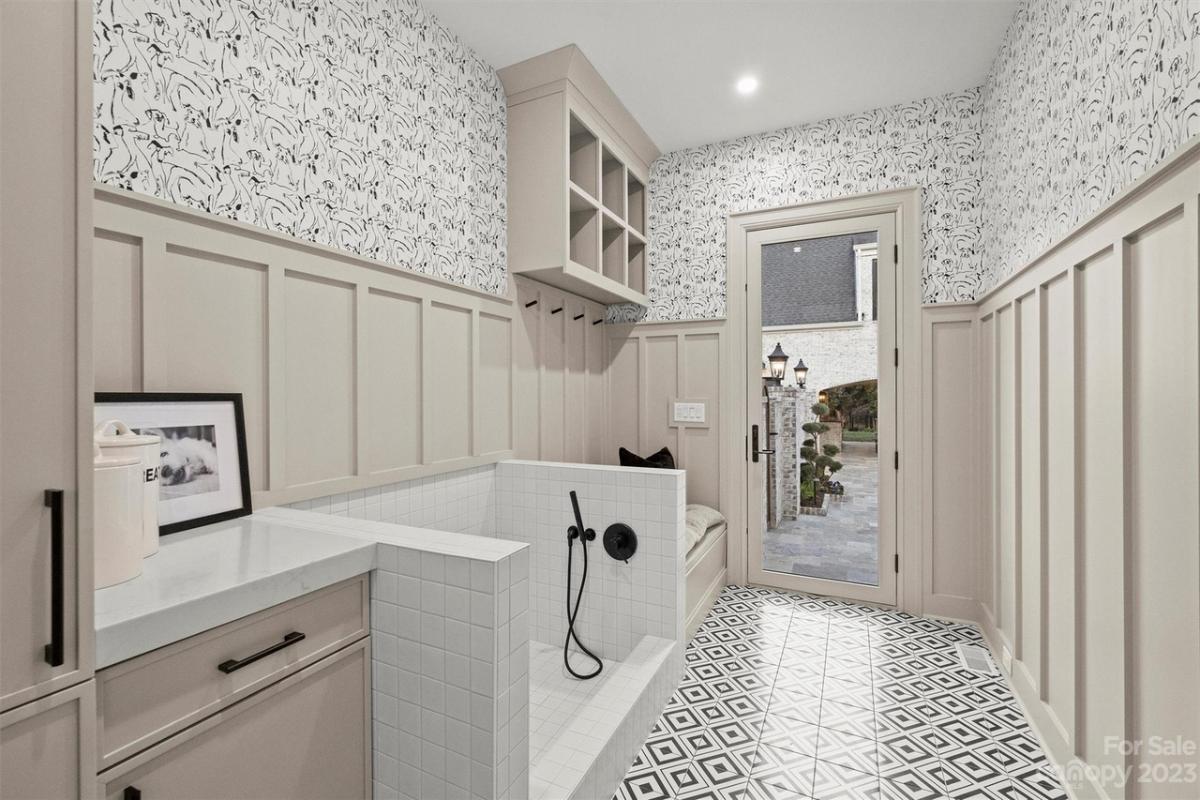 Shower room with custom cabinetry.