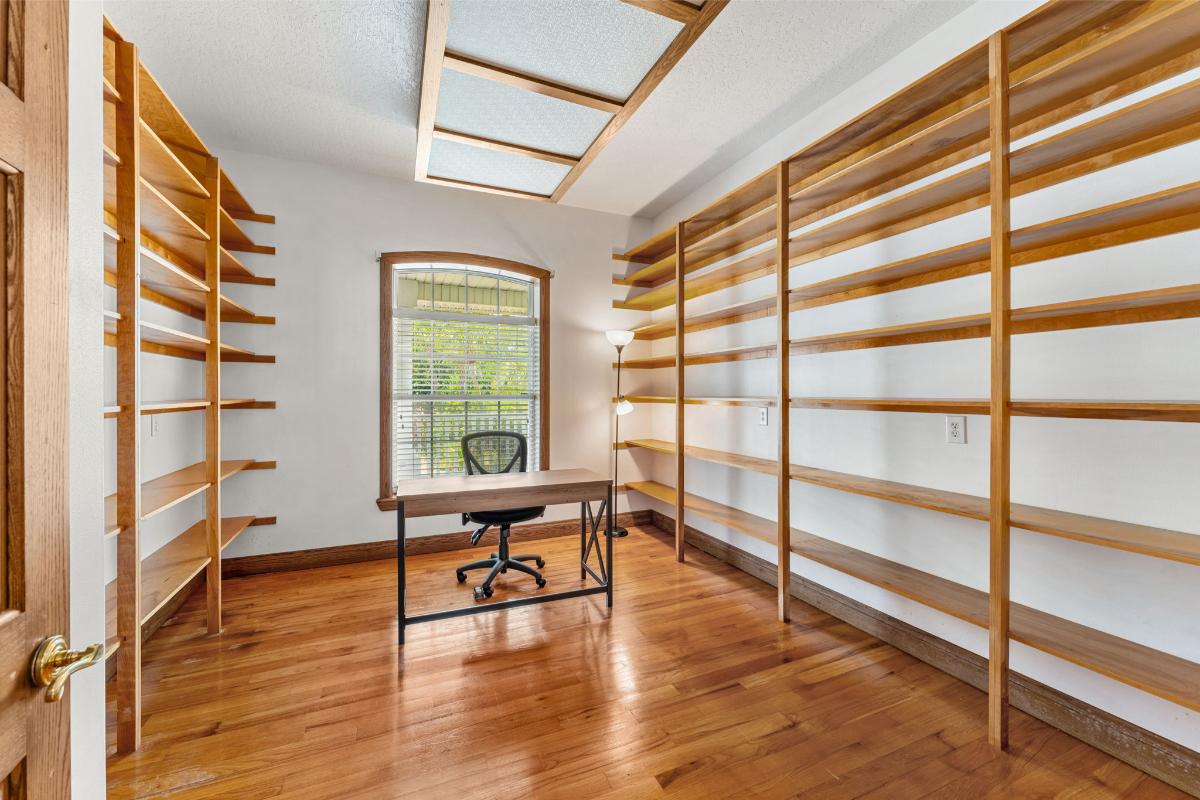 Home office with shelves.