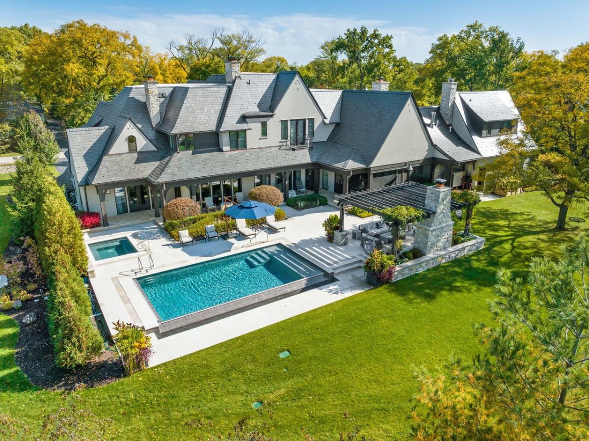 Aerial rear view of the 8,500 Sq. Ft. Mansion in Burr Ridge, IL.