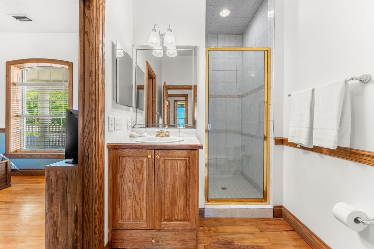 Bathroom with a sink and a walk-in shower.