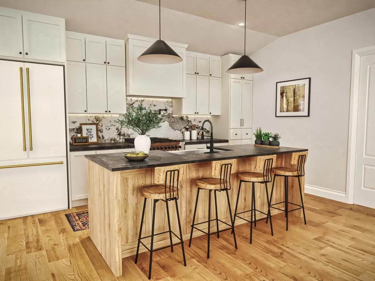 A couple of pendants suspended over the island illuminates the kitchen.