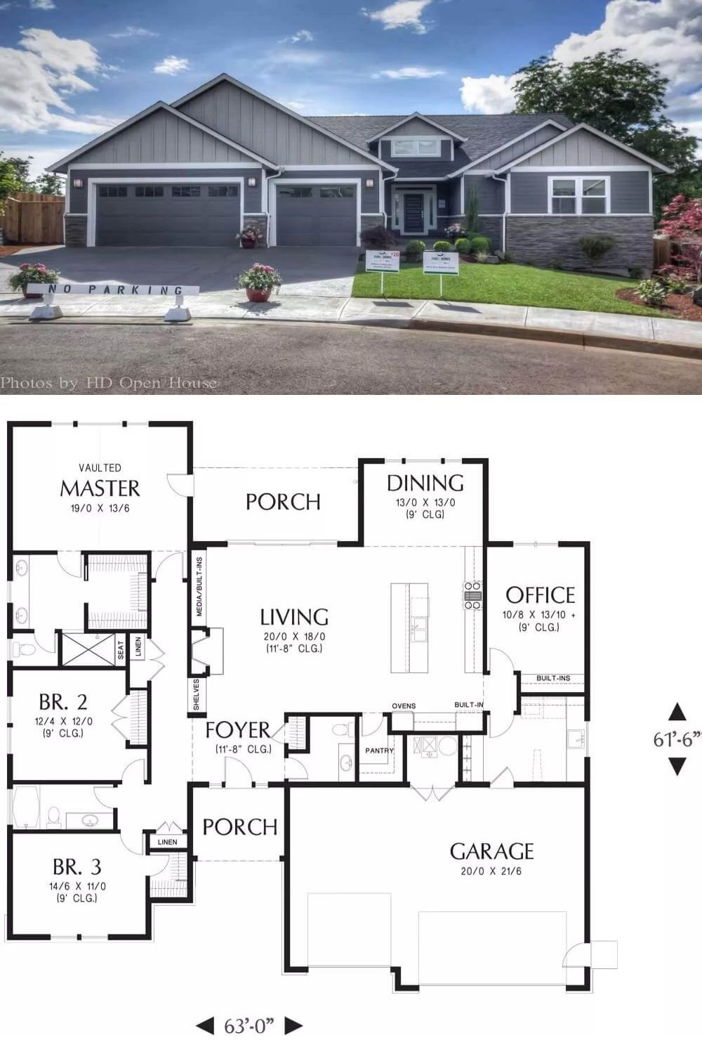 An attractive blend of clapboard siding, board and batten, and stone give this 3-bedroom craftsman home an exquisite curb appeal. It features a 3-car garage and a covered entry topped by a gable dormer.