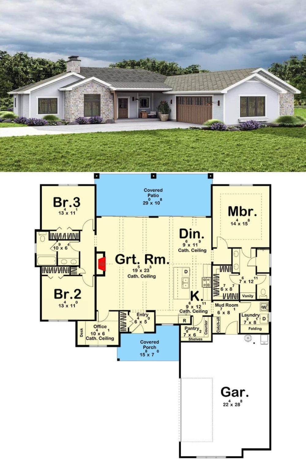 An attractive blend of clapboard siding, stone, and wood accents gives this 3-bedroom traditional ranch an impeccable curb appeal. It features a covered entry porch and a double courtyard garage that connects to the home through the mudroom.