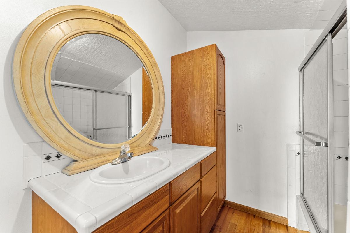 Bathroom with a sink and a walk-in shower.