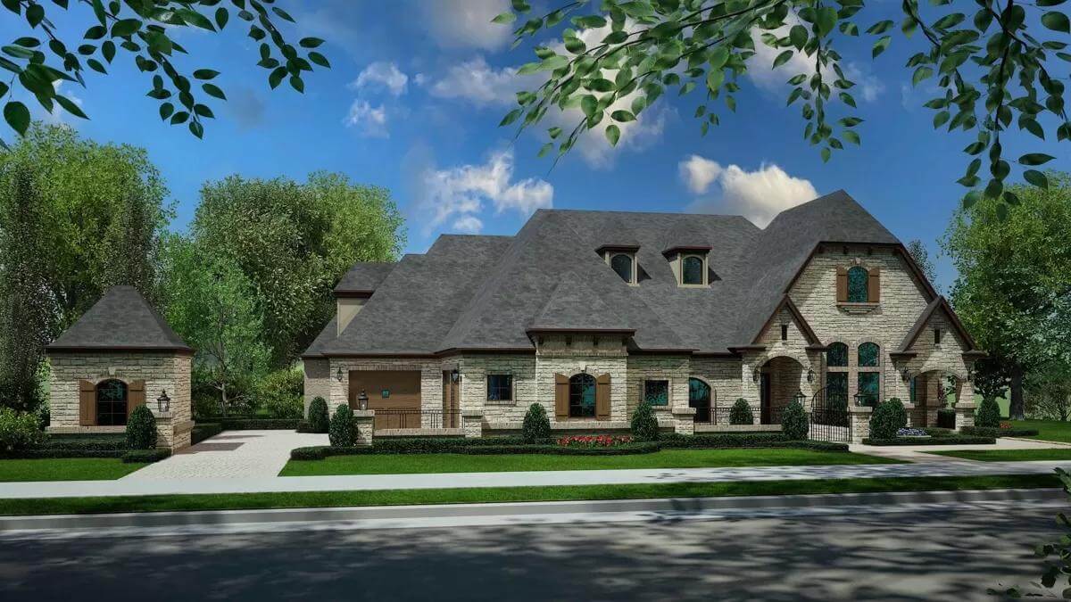 Front-left view showcasing the side garages and a detached storage room.