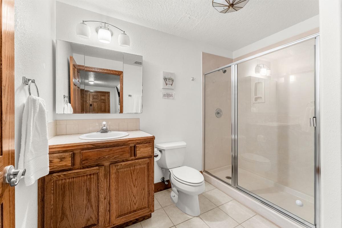 Bathroom with a sink, toilet and a walk-in shower.
