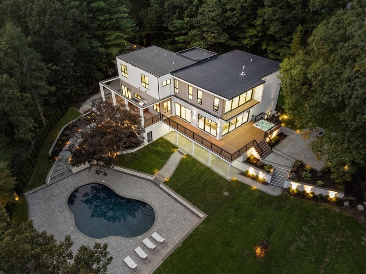 Aerial view of the 8,769 Sq. Ft. Mansion in Weston, MA.