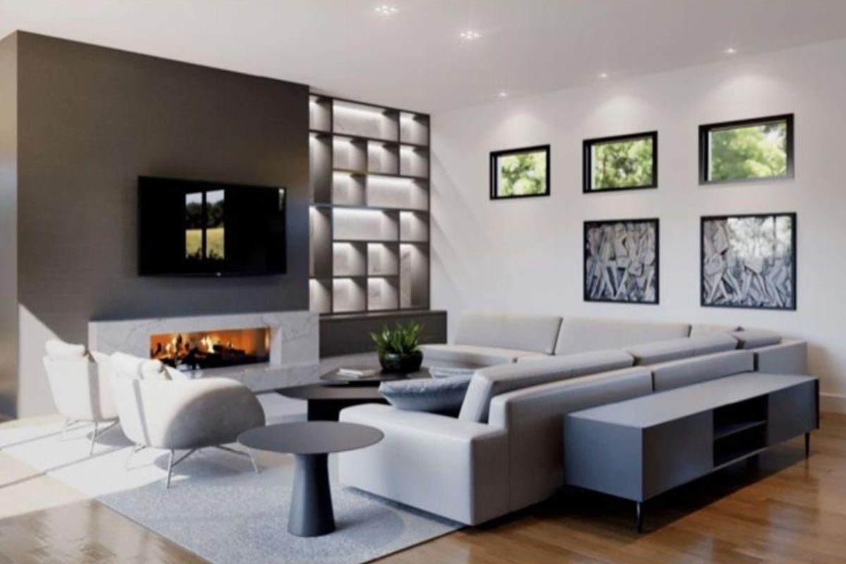 A living room with a fireplace, windows, couches, chairs, TV and a center table.