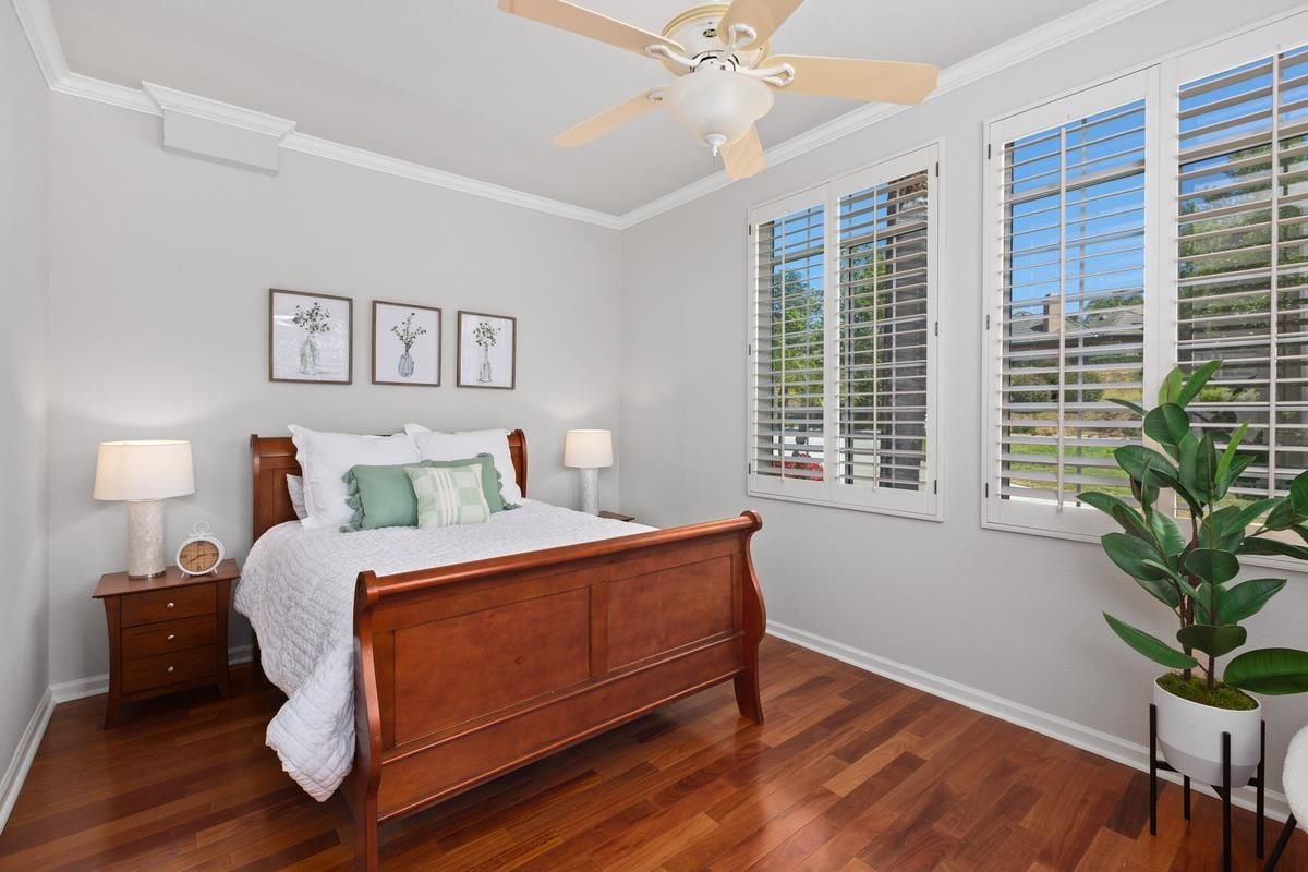 A bedroom with a bed, nightstand, potted plant, windows, and a ceiling fan.