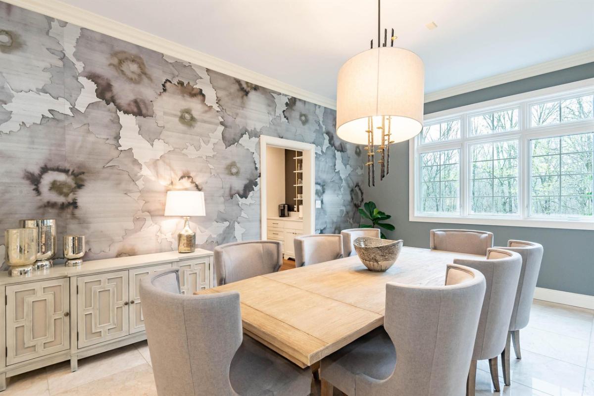 Dining room with wood table and chairs.