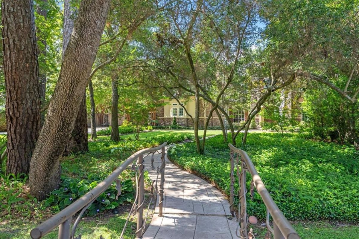 A walkway surrounded by plants and trees.