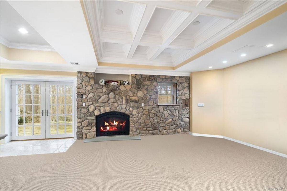 A stone fireplace.