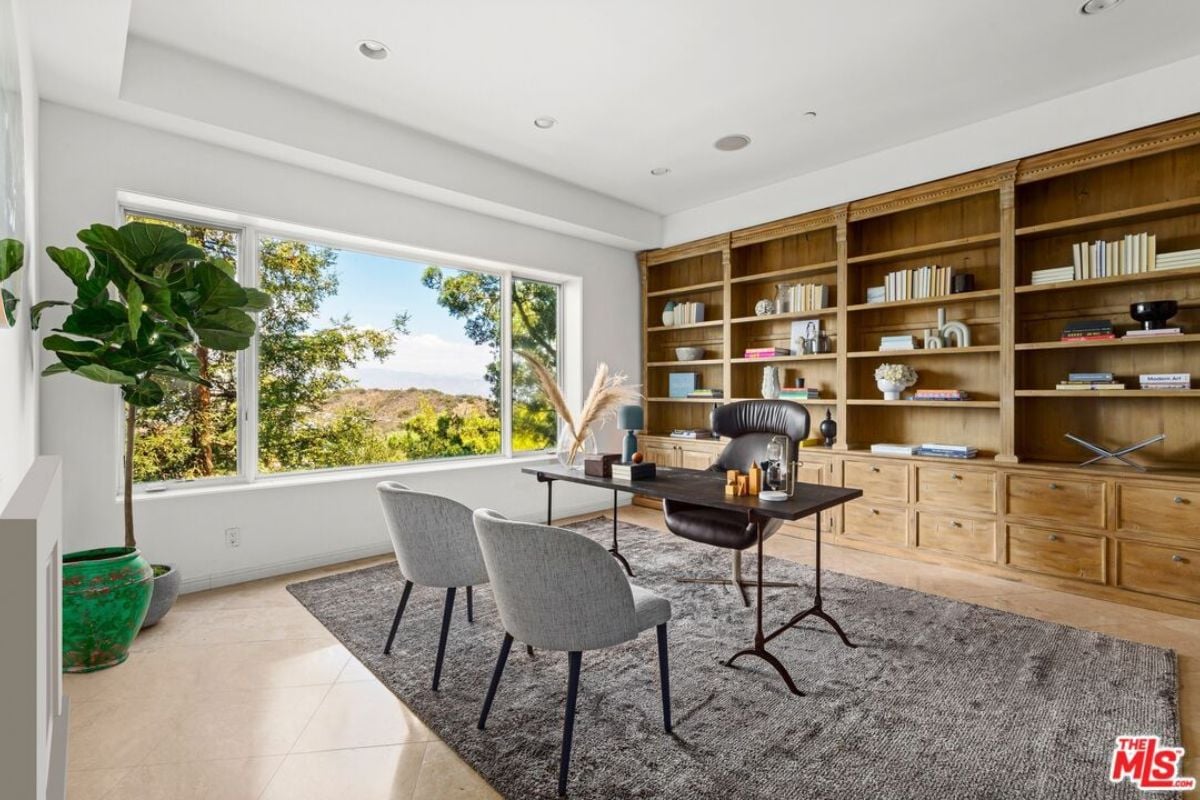 A home office with a rug, houseplant, shelves, drawers, desk, and chair.