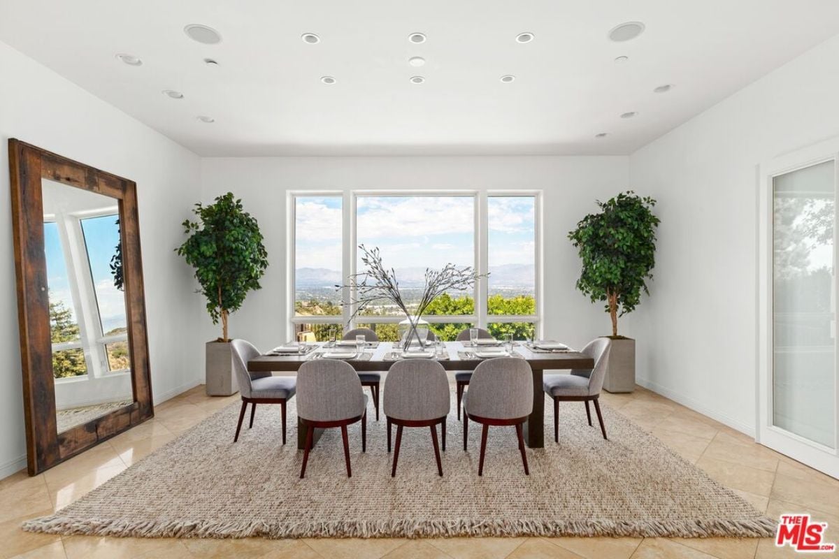 A dining room with a rug, houseplants, a mirror, and a dining table surrounded by chairs.