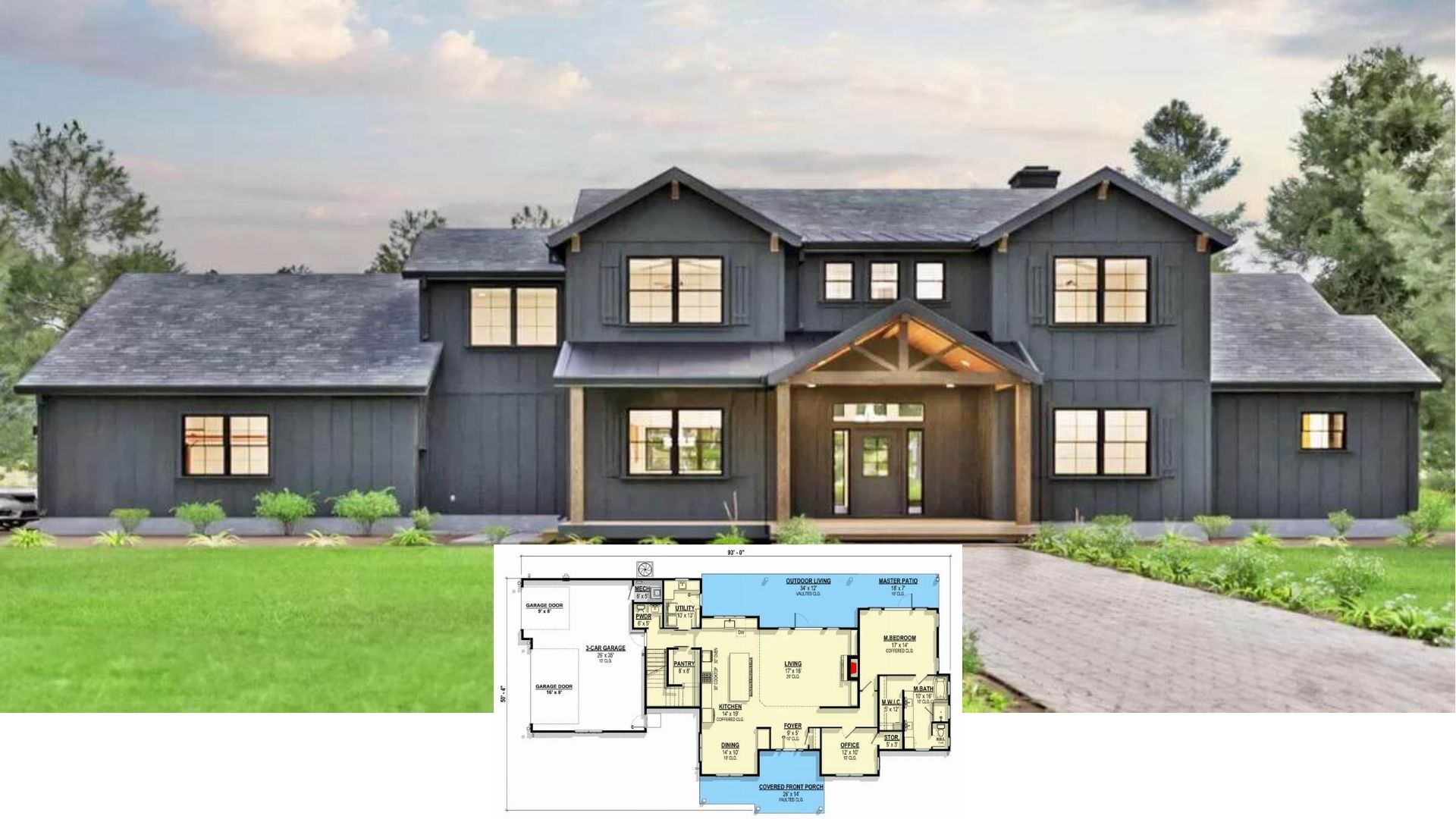 Tour This Striking Dark Charcoal 3-Bedroom Farmhouse with a Wraparound Porch and Vaulted Living Room