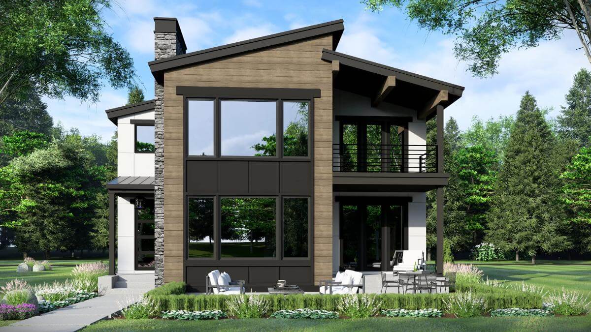 Front view with angled rooflines, large windows, and a covered entry topped by a balcony.