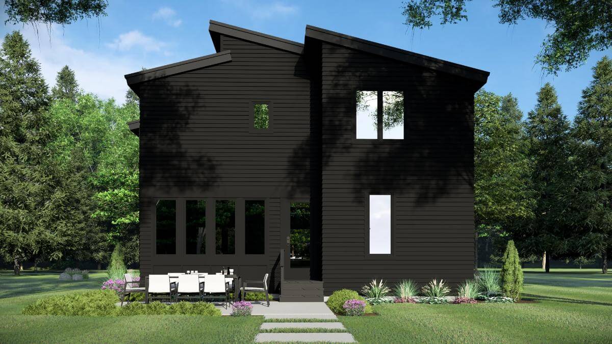 Rear view with clapboard siding and an open patio.