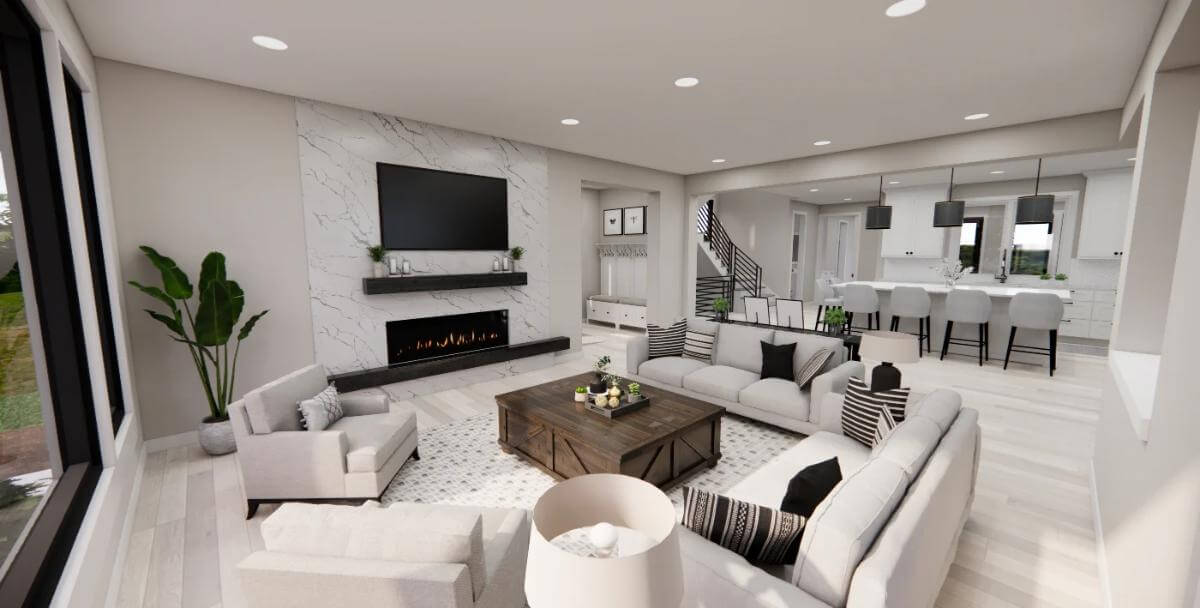 The great room opens completely to the kitchen.