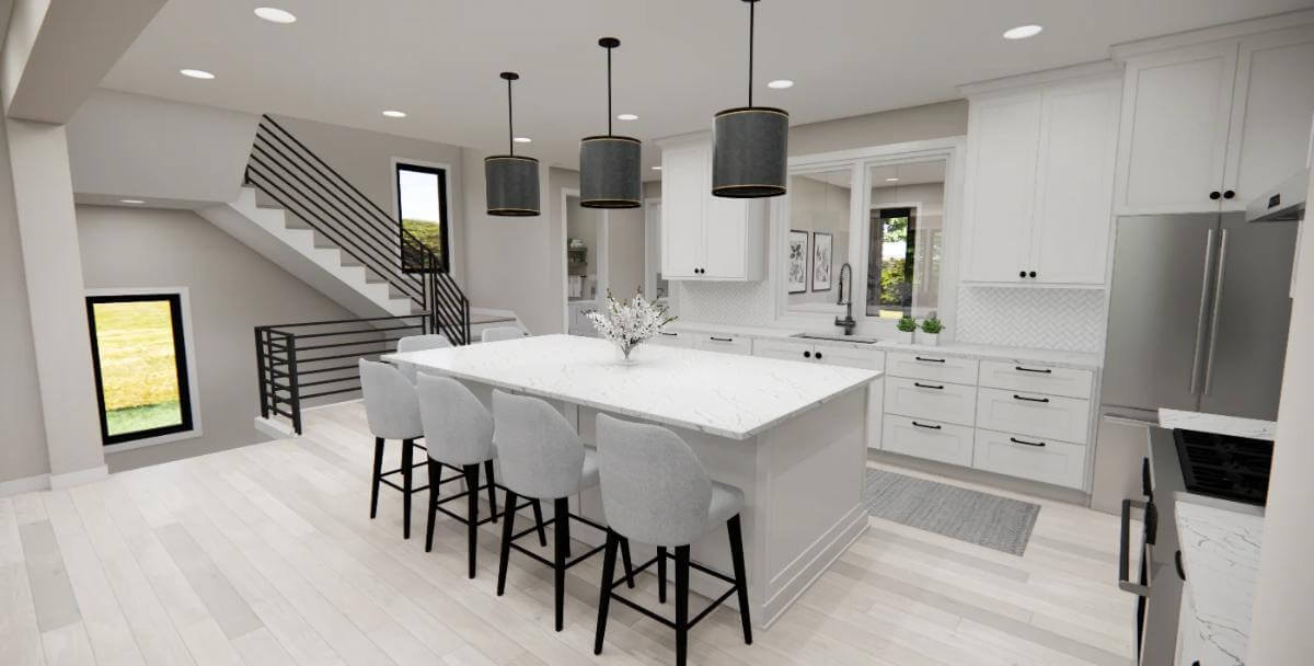 Kitchen with white cabinets and a matching island with seating for four.