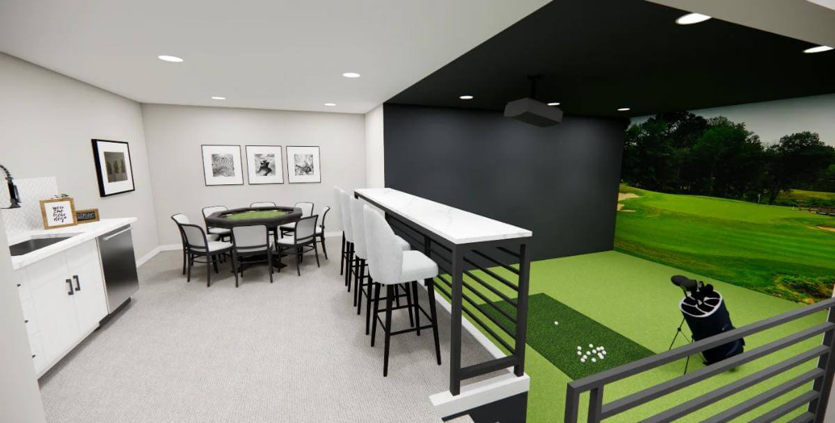 Basement with a wet bar and golf simulator.