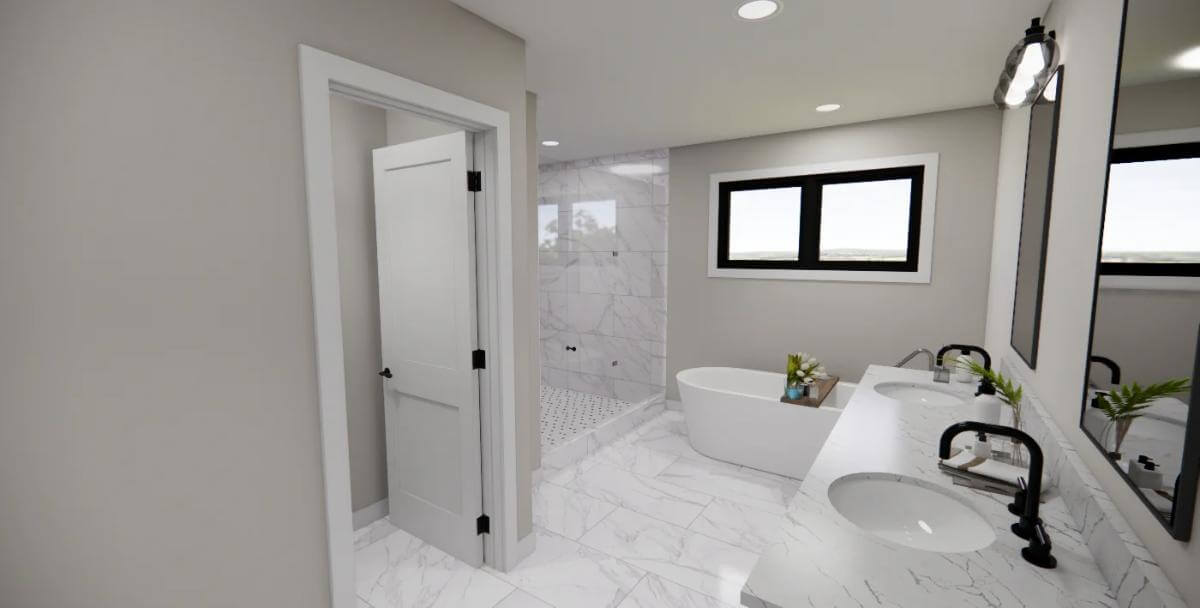 Primary bathroom with a dual sink vanity, a soaking tub, and a walk-in shower.
