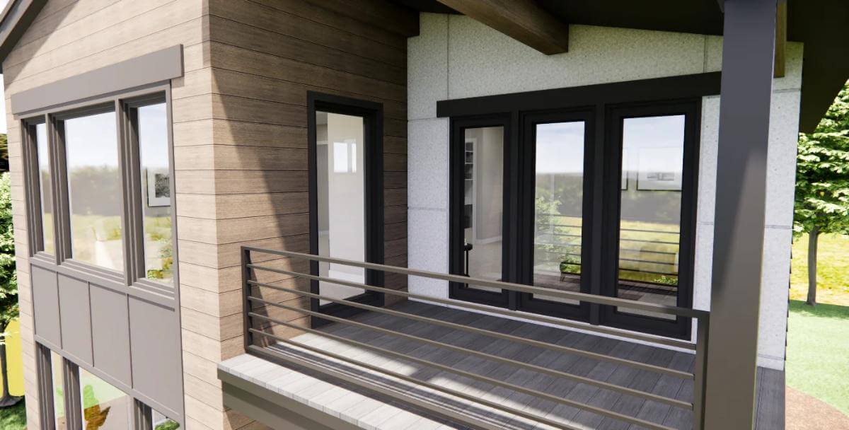 Covered deck with glazed doors and metal railings.