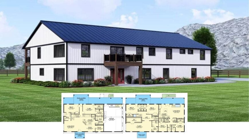 Take a Tour of This Striking 2-Bedroom Barn-Style Home With a Crimson Front Door and Lofty Mountain Views (Floor Plan)