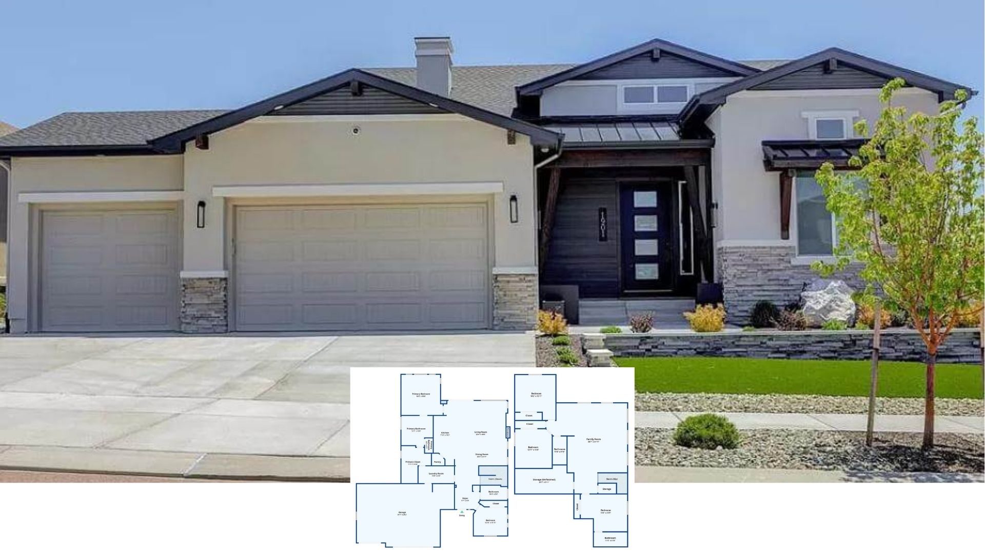 Tour This 4-Bedroom Modern Craftsman with Triple Garage and a Two-Tiered Stone Fireplace (Floor Plan)