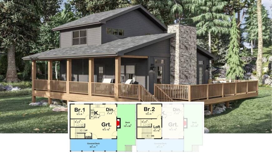 Step Onto the Wraparound Porch of This 1,250-Sq.-Ft. 2-Bedroom Woodland Cabin with a Stacked-Stone Chimney