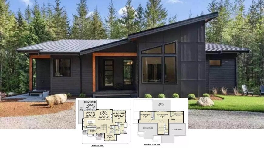 Step Inside This 2,900-Sq.-Ft. Modern Woodland Cabin with Dramatic Rooflines and Floor-to-Ceiling Glass (3-Bed, 3-Bath Plan)