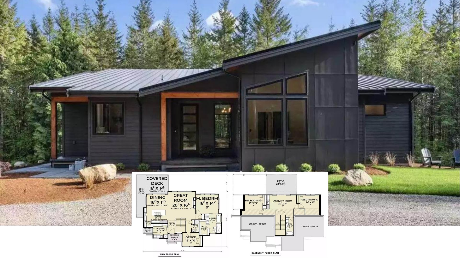 Step Inside This 2,900-Sq.-Ft. Modern Woodland Cabin with Dramatic Rooflines and Floor-to-Ceiling Glass (3-Bed, 3-Bath Plan)