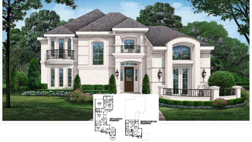 Tour This French-Inspired Manor with Twin Balconies and a Resort-Style Courtyard (Floor Plan)