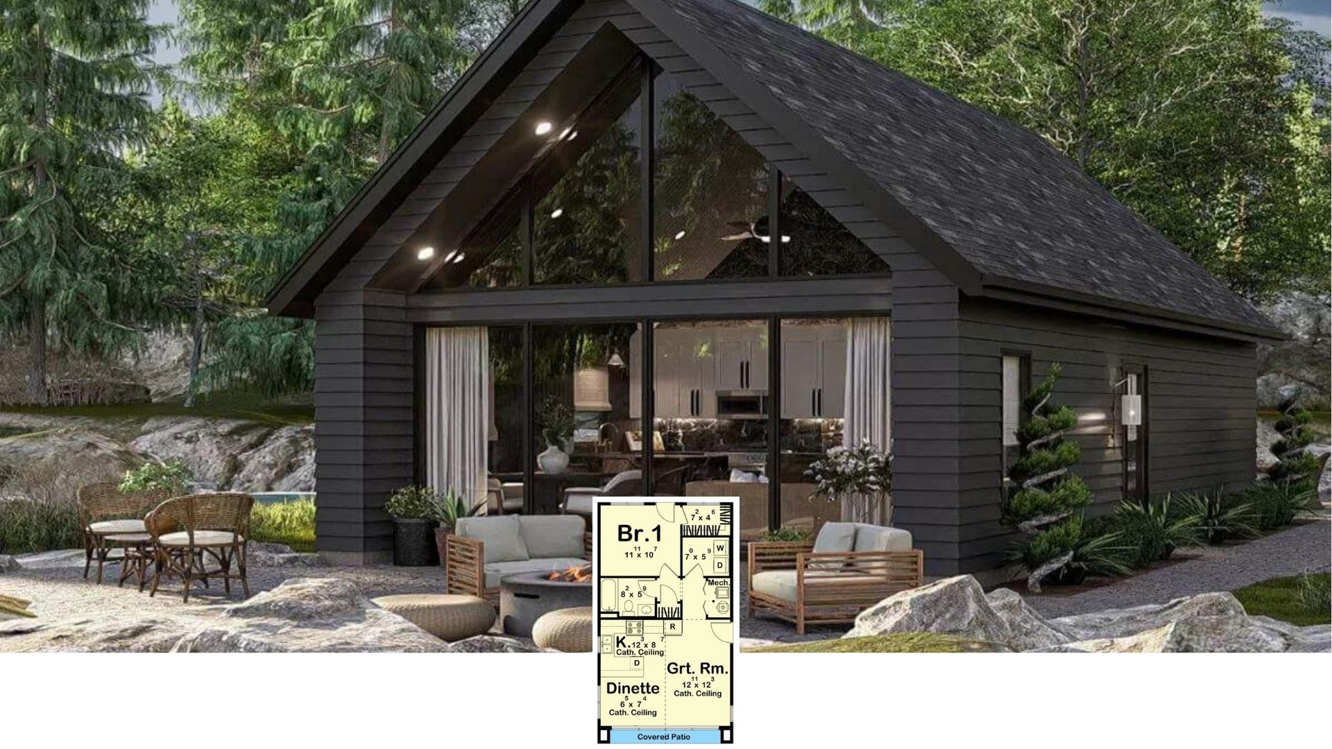 Step Inside This 1-Bedroom A-Frame Retreat with Floor-to-Ceiling Glass Walls (654 Sq. Ft Floor Plan)