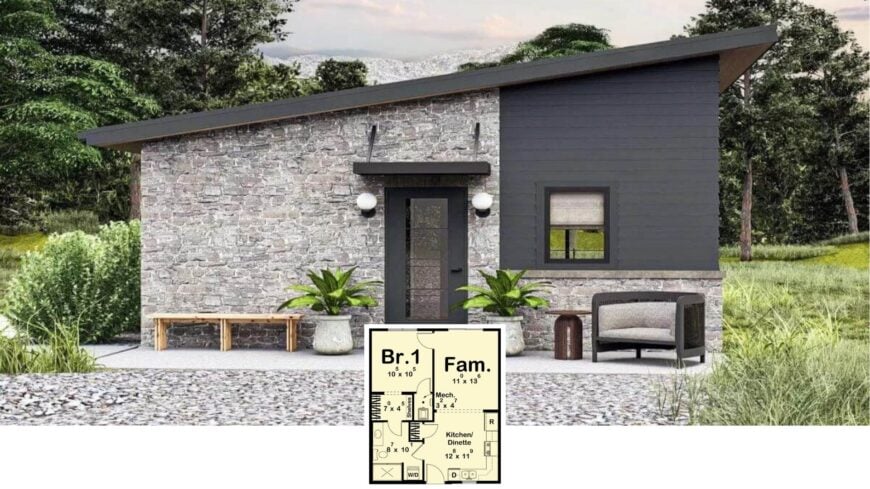 Step Inside This Smart 680 Sq. Ft. One-Bedroom Modern Minimalist Cottage with Striking Stone Accents (Floor Plan)