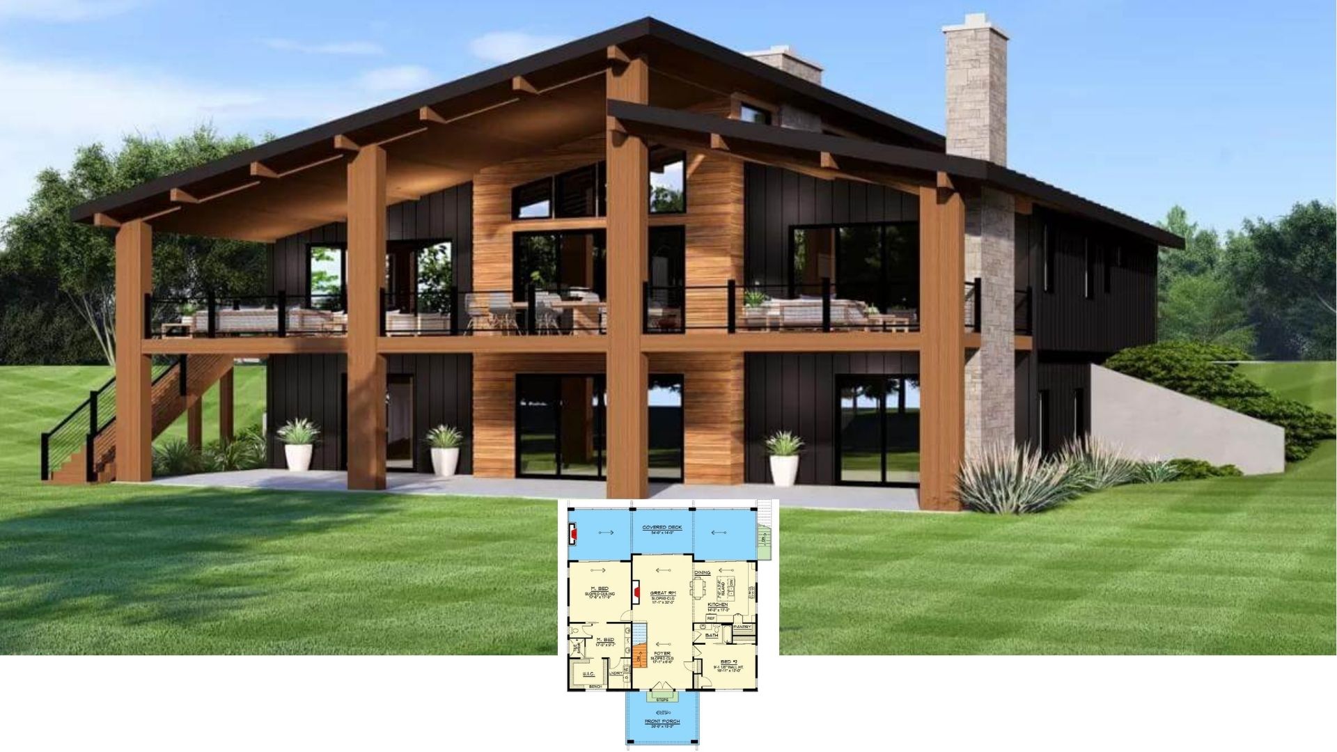 Step Inside This Bold 3,400-Sq.-Ft. Rustic-Contemporary Home with a Dramatic Slanted Roof and Twin Decks (Floor Plan)