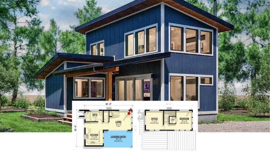 Step Inside This Bold Blue 2-Bedroom Contemporary Craftsman with Striking Angled Rooflines (≈1,280 Sq. Ft. Floor Plan)